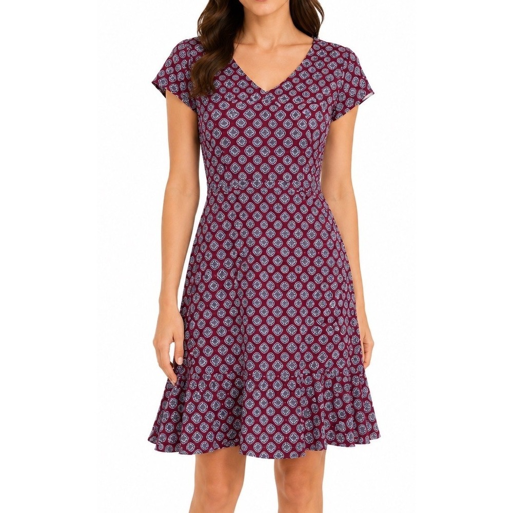 Banana Republic Short Sleeve Flounce Hem Geometric Printed‎ Dress 6 Blue Purple